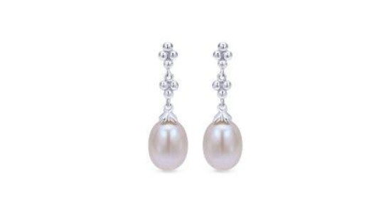 A pair of silver, pearl drop earrings