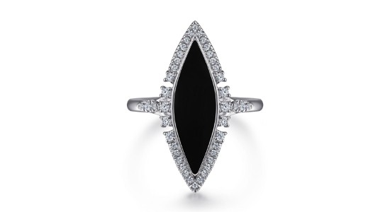 a white gold fashion ring featuring black onyx in a diamond halo setting