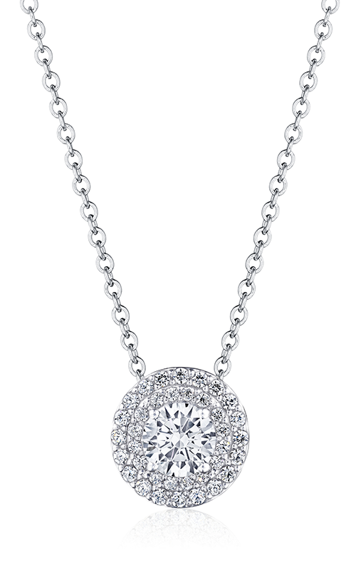 A halo diamond pendant necklaces with a white gold chain against white background