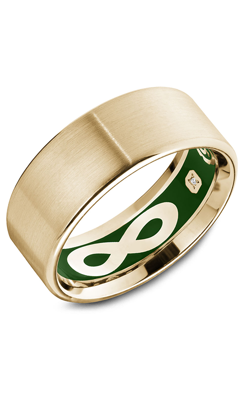 A yellow gold wedding band with hidden diamond accents from the inside and enamel coverage with the eternity symbol.