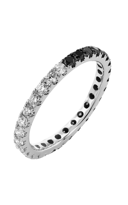 A white gold wedding band eternity band with white and black diamonds.
