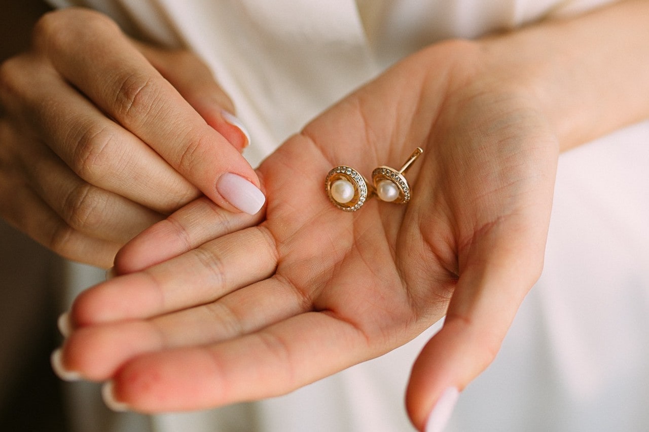 close up image of a woman’s hand holding a pair of pearl earrings