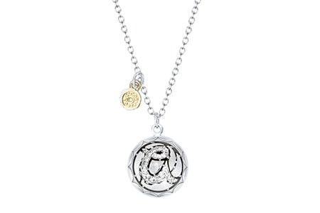 A Tacori Love Letters pendant features the letter “A” for an initial