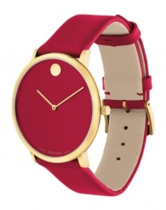 A quirky watch from Movado features a red dial and red leather band