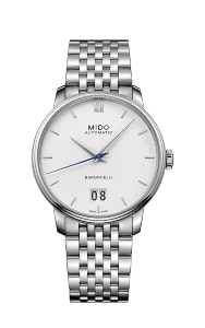 A minimalist style watch from Mido features a stainless steel bracelet