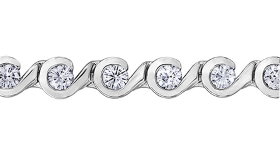 A silver diamond tennis bracelet with wave-like details