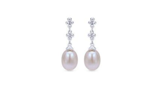 A pair of silver, pearl drop earrings