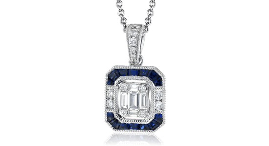 a white gold pendant necklace featuring diamonds and sapphires