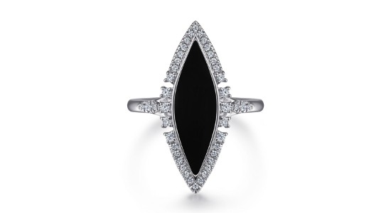 a white gold fashion ring featuring black onyx in a diamond halo setting