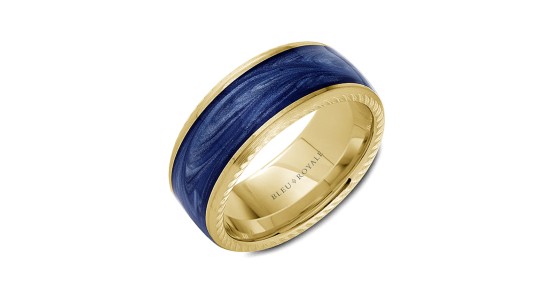 a yellow gold mens wedding band with blue glittery details