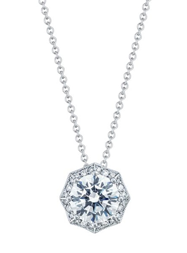 TACORI diamond pendant with a halo around the center diamond