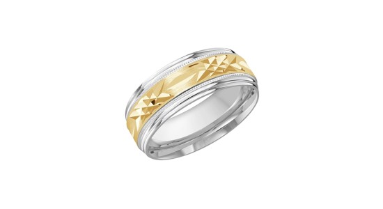 A mixed metal men’s wedding band with engraved details, available at Prestige Jewellers.